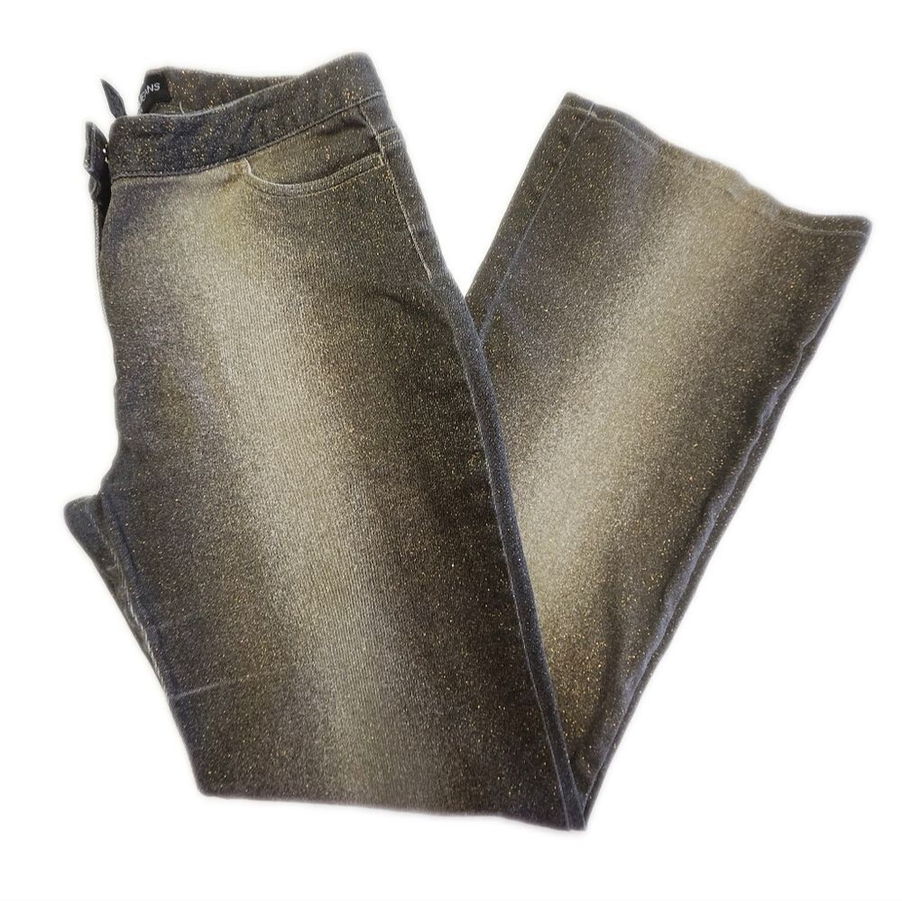 Express Dark Gray & Gold Sparkle Denim Jeans, Y2K Straight Leg, Holiday, 9/10